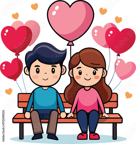 Charming cartoon couple sharing a romantic moment on a park bench