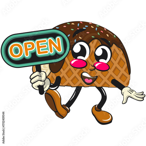 cute choco taco ice cream mascot character vector illustration showing a sign that says open, work of hand drawn