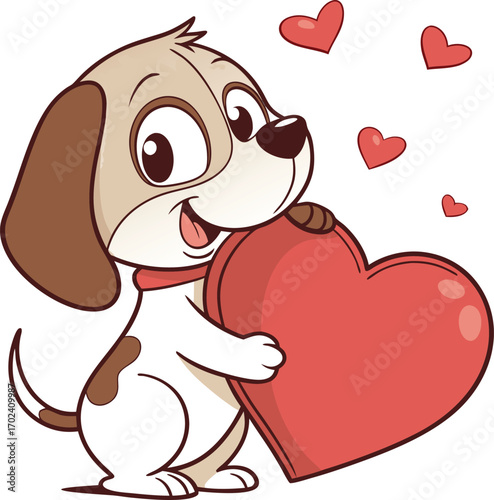 Adorable cartoon puppy lovingly holding a large red heart illustration