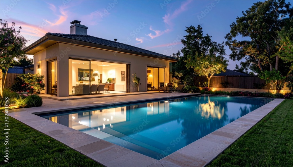 Fototapeta premium Modern House Exterior with Swimming Pool at Twilight Lighting