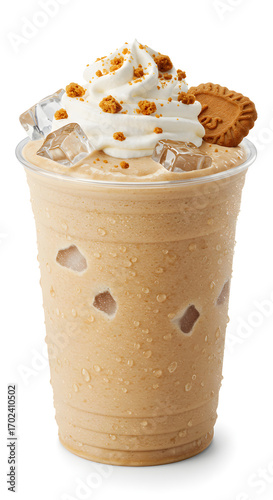 a transparent plastic cup filled with biscoff milkshake, caramel beige creamy base with visible biscoff crumbs, topped with whipped cream and Biscoff cookie crumble.