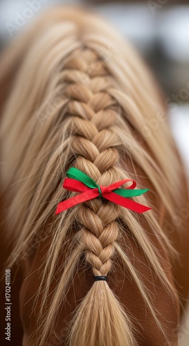 A horse with braided blonde mane and a festive red and green ribbon, creating a whimsical and charming scene
