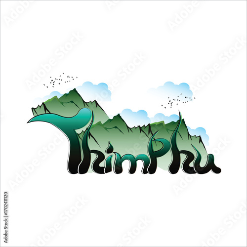 Bhutan capital Thimphu mountain creative typography.Thimphu text effect vector PNG images