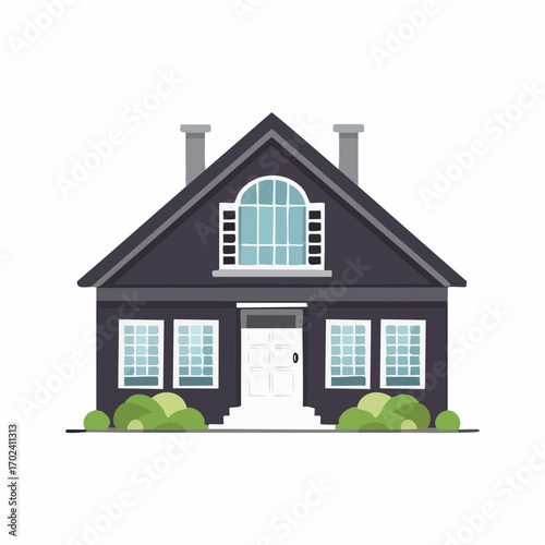 Modern house flat style symmetrical facade with chimney and bushes residential building architecture
