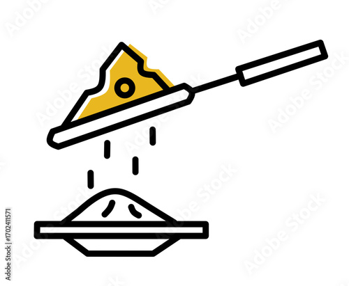 Cheese grater with sliced cheese and grated cheese falling into plate kitchen utensil icon representing cooking tool food preparation and culinary object illustration