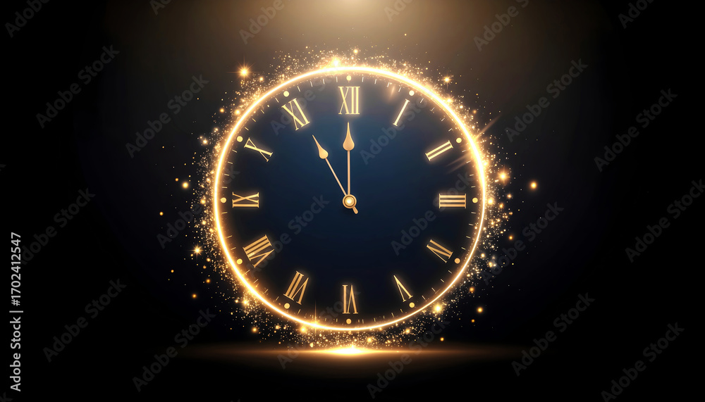 Obraz premium Abstract glowing rings forming countdown clock to midnight New Year, dark background.