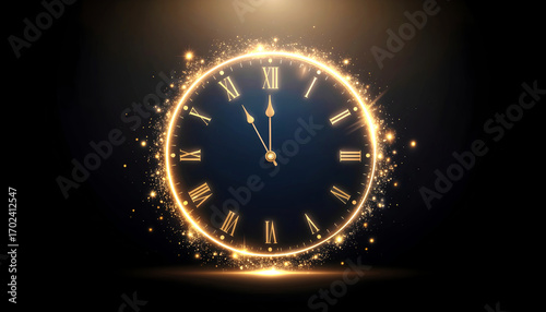 Abstract glowing rings forming countdown clock to midnight New Year, dark background.
