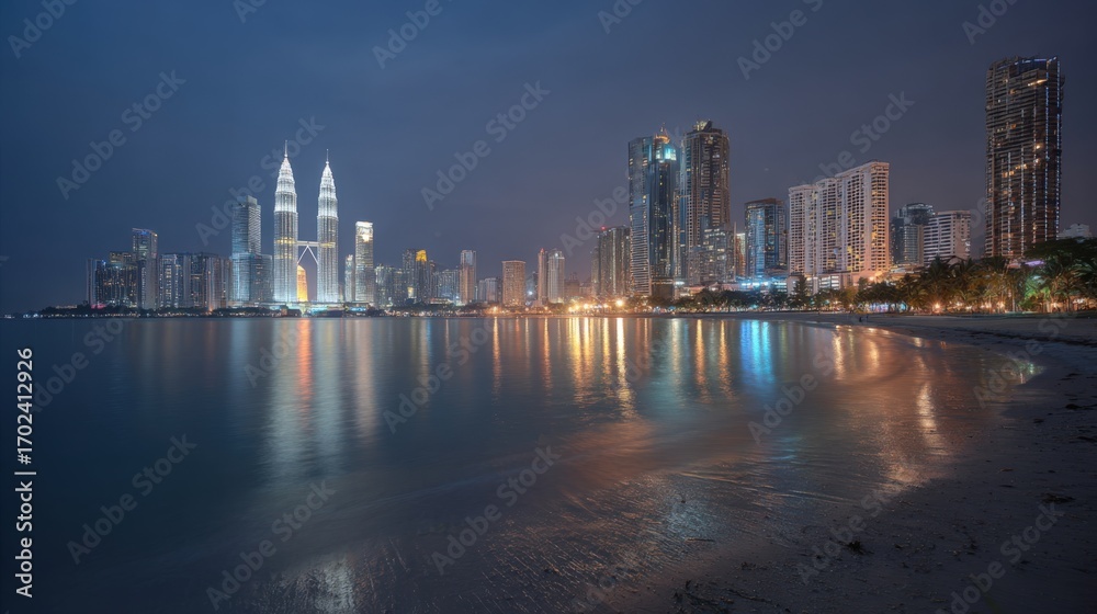 Obraz premium Stunning Kuala Lumpur Cityscape at Night with Reflections on Water, Beautiful Skyline and Urban Ambiance