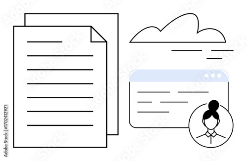 Papers stacked next to a cloud and browser window with user avatar. Ideal for cloud storage, file sharing, document management, online collaboration, data storage, teamwork, simple flat metaphor