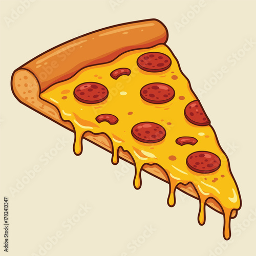 illustration of a pizza isolated on white background. pizza slice with salami,mushrooms, basil leaf and melted cheese for pizzeria package and menu designs. Flat Vector illustration