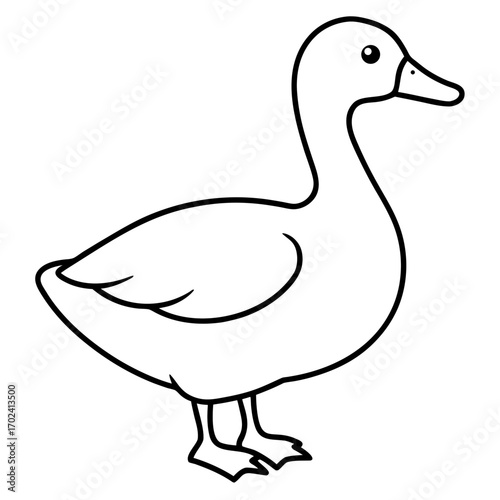 Simple outline drawing of a duck standing on its webbed feet in a side profile silhouette