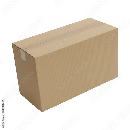Unopened rectangular cardboard shipping box secured with tape isolated on a plain backdrop transparent background