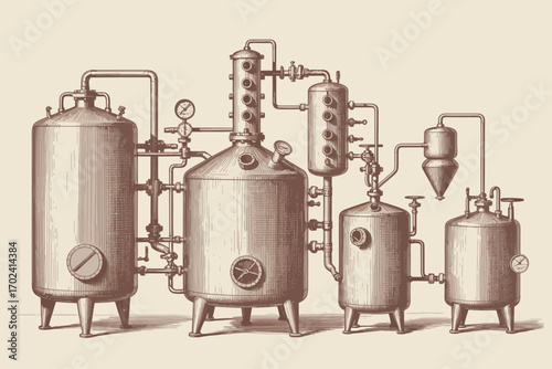 Vintage Distillery Equipment A Detailed Engraving of Brewing Vessels