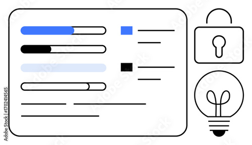 Progress bars on a document, padlock for security, and light bulb for innovation. Ideal for tech, data security, creativity, strategy, productivity planning design. Flat simple metaphor