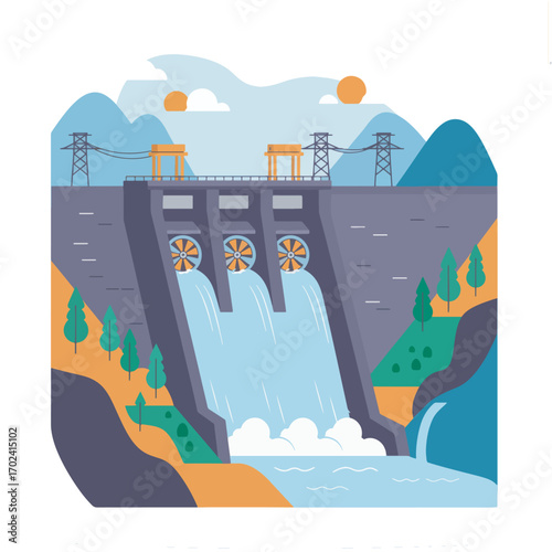A stylized illustration of a hydroelectric dam generating renewable energy, showcasing sustainable water power in a scenic mountain landscape
