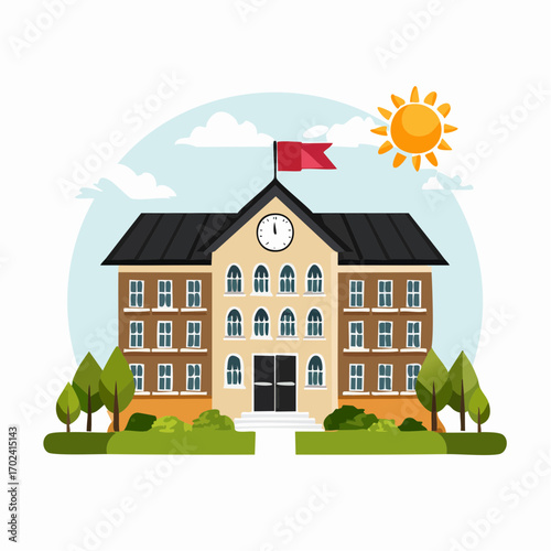 School Building Vector Illustration Sunny Day Exterior View Educational Institution high quality professional