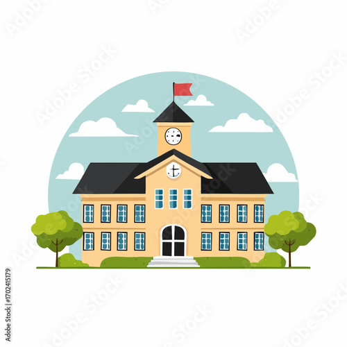 School Building Vector Yellow Facade Clock Tower Red Flag Educational Institution Learning Environment