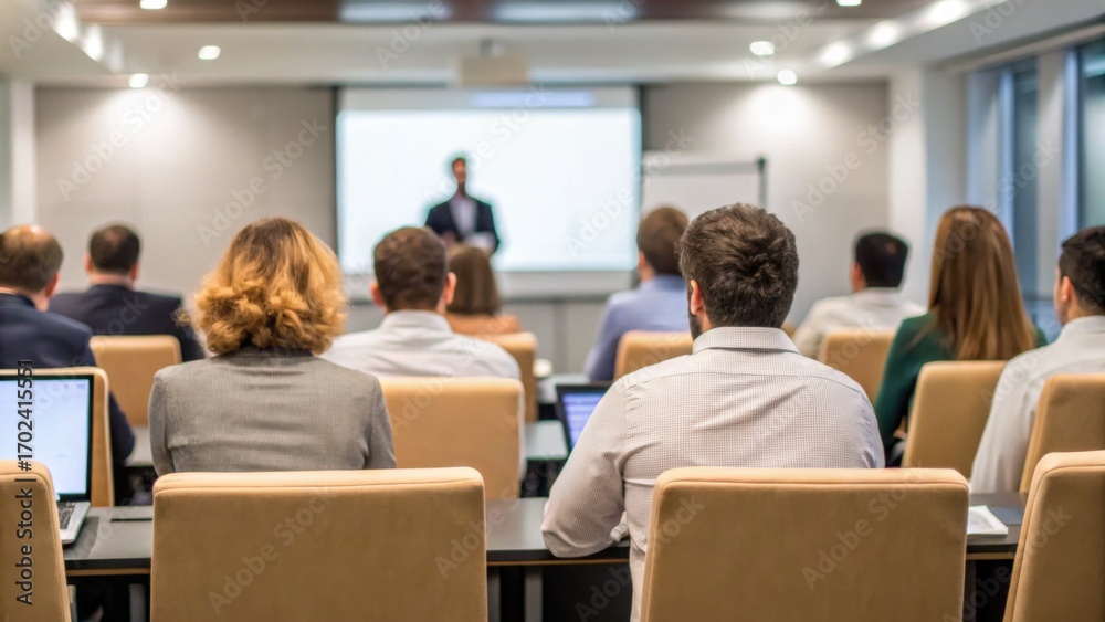 Obraz premium A group of professionals attentively listens to a speaker during a business presentation in a modern conference room.