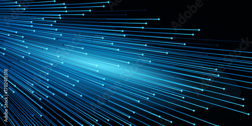Abstract digital background with glowing blue lines representing high speed internet, data transfer, fiber optic communication, and modern technology. 