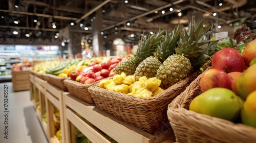 Wallpaper Mural Assortment of Fresh Fruits Displayed in Wicker Baskets at a Retail Grocery Store, Appealing and Colorful Torontodigital.ca