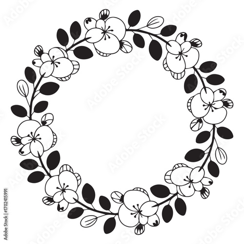 Black and white floral wreath with leaves and berries