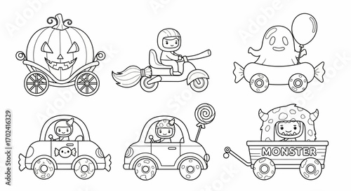 Black and white illustration of six Halloween-themed vehicles with various creatures, including a pumpkin carriage, a ghost on a tricycle, and animals in cars, against a clean white