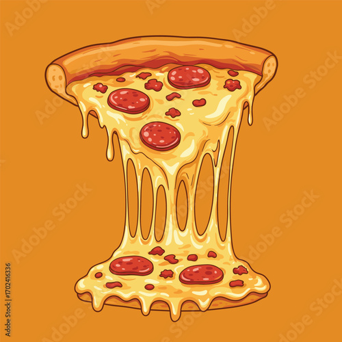 illustration of a pizza isolated on white background. pizza slice with salami,mushrooms, basil leaf and melted cheese for pizzeria package and menu designs. Flat Vector illustration