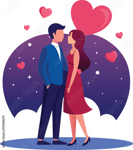 Romantic couple bathed in moonlight with flowing floral elements
