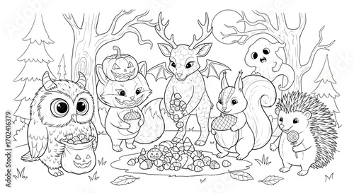 Black and white illustration of a group of adorable woodland creatures including a deer, owl, squirrel, hedgehog, and raccoon gathered around a pile of acorns in a forest with trees and
