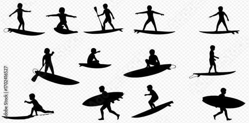 A collection of black silhouettes depicting children and young people engaging in various surfing and paddleboarding activities, including standing, paddling, and carrying boards.