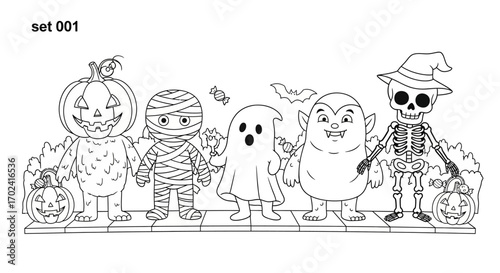 A group of cute Halloween kids dressed as monsters and a skeleton, standing in a row with pumpkins and a shallow depth of field, conveying a spooky yet playful mood on a white background.