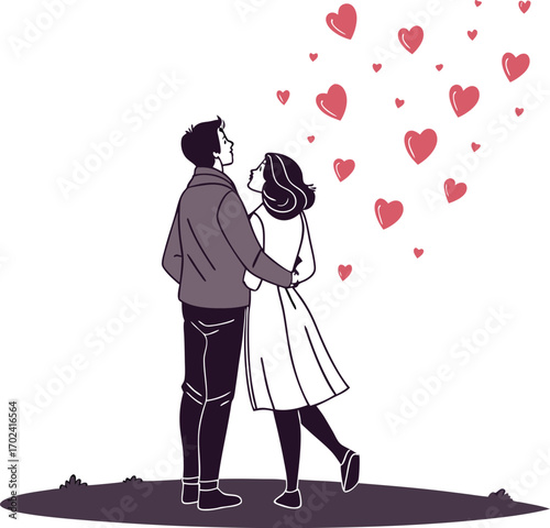 Romantic couple silhouetted under a luminous full moon with flowing floral elements
