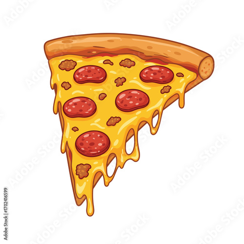 illustration of a pizza isolated on white background. pizza slice with salami,mushrooms, basil leaf and melted cheese for pizzeria package and menu designs. Flat Vector illustration