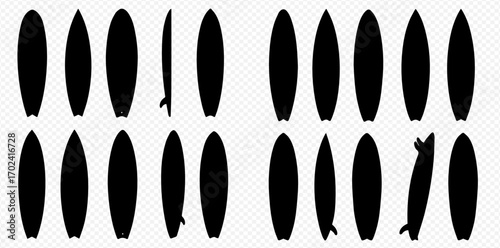 A collection of black surfboard silhouettes displayed in various orientations against a transparent background.