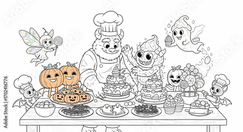 A chef and assortment of helowen kids characters gathered around a table laden with an array of sweet treats in a lively and festive scene.