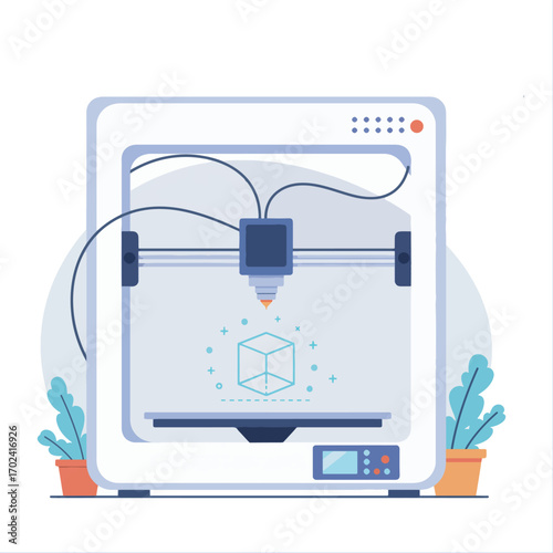 Modern 3D printer creating a digital cube model, showcasing the concept of additive manufacturing and rapid prototyping technology
