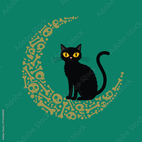 Conceptual vector of black cat sitting on bone crescent moon for Halloween. 
