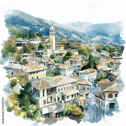 Gjirokaster Old Town. Gjirokaster Old Town watercolor vector illustration