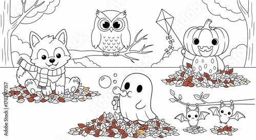Black and white illustration of helowen kids playing with autumn leaves, featuring a fox, owl, ghost, pumpkin, and bats in a seasonal forest scene with a spooky yet playful mood.