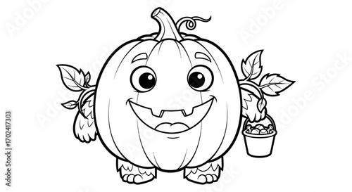 A cheerful black and white line drawing of a smiling helowen pumpkin character holding a potted plant and vegetables, with a playful expression on a plain white background.
