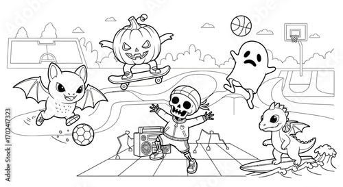 Black and white illustration of Halloween kids in various costumes playing outside on a suburban street with a basketball hoop and a spooky atmosphere.