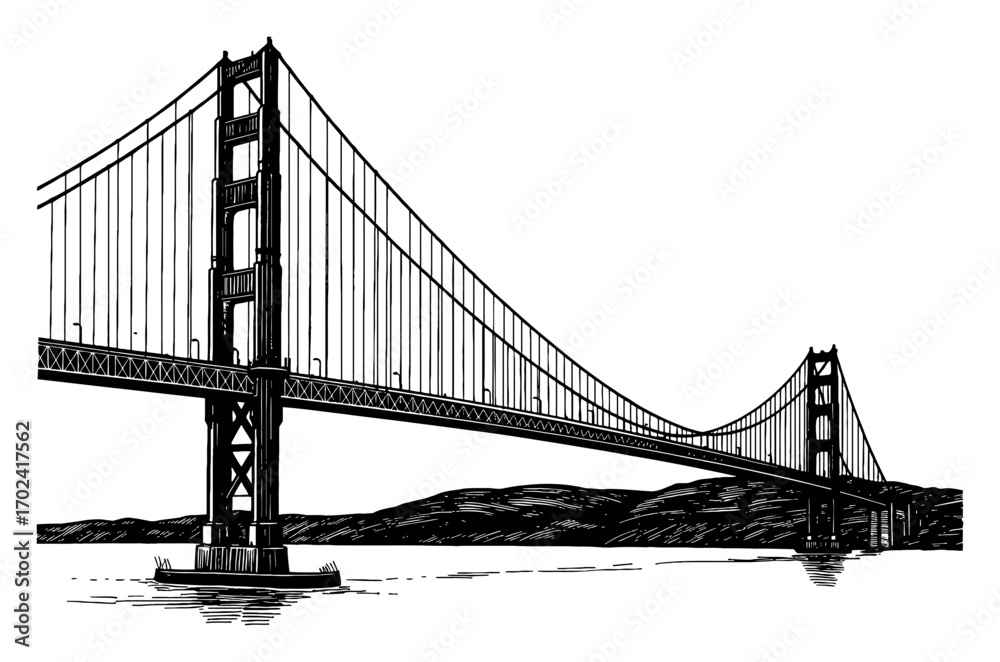Fototapeta premium Golden Gate Bridge San Francisco Side View Famous Landmark Black and White Outline Line Art Drawing Illustration