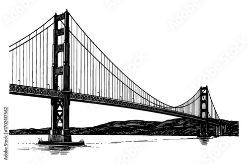 Golden Gate Bridge San Francisco Side View Famous Landmark Black and White Outline Line Art Drawing Illustration