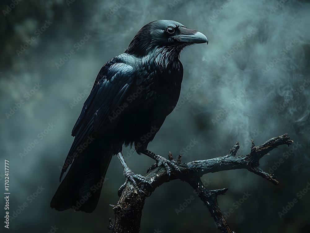 Fototapeta premium A solitary black raven rests on a bare branch amidst dark atmospheric mist