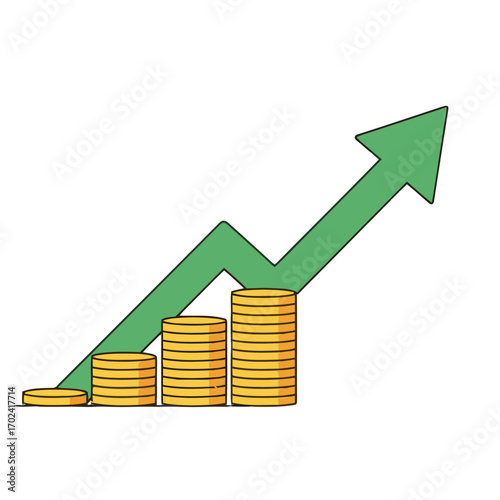 Growing money stacks with green arrow