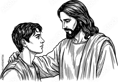 Hand drawn illustration of Christ and young man.
