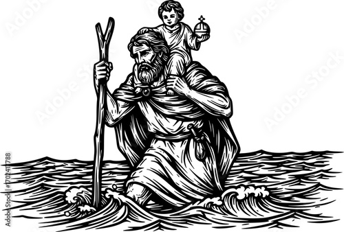 Saint Christopher and baby Jesus illustration
