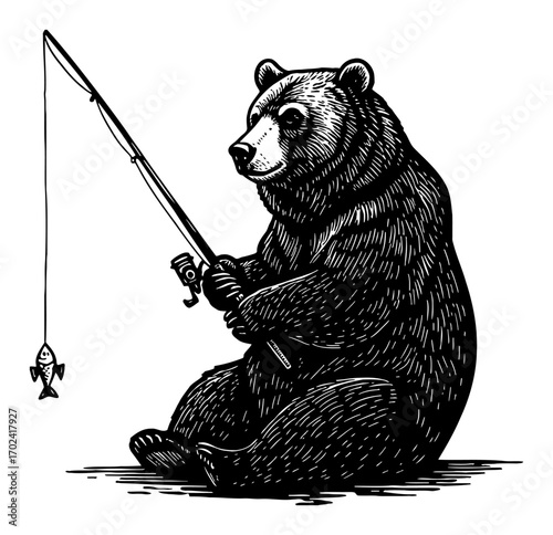 A Large Bear is Fishing Patiently Holding Rod with a Small Fish Hooked Black and White Outline Line Art Drawing