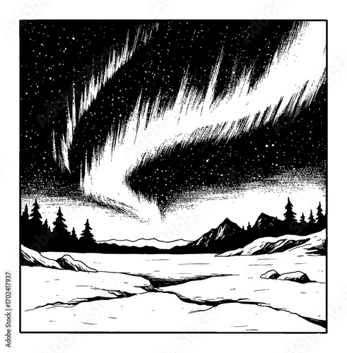 Arctic Landscape with Majestic Aurora Borealis Black and White Outline Line Art Drawing Coloring Book Style