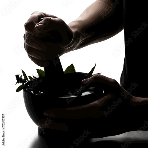 Hands grinding herbs in a mortar and pestle silhouette isolated on white background